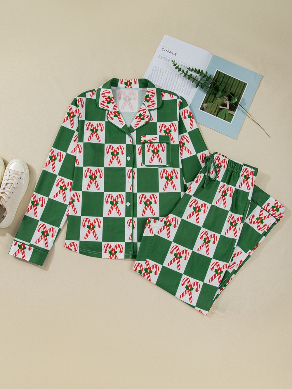 Candy Cane Checkered Pattern 2pcs Pajama Set - Picture 4 of 14